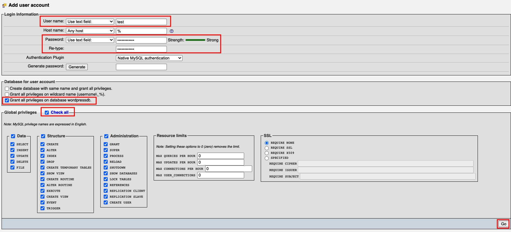 phpmyadmin add user account