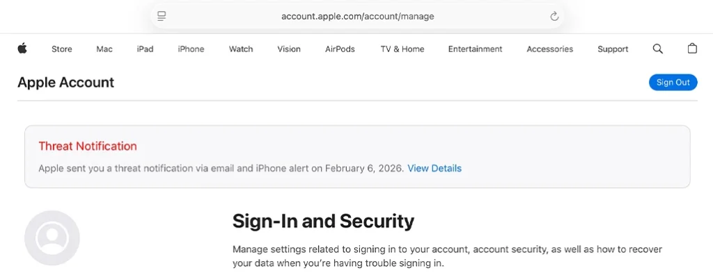 Apple Account Page Threat Notification