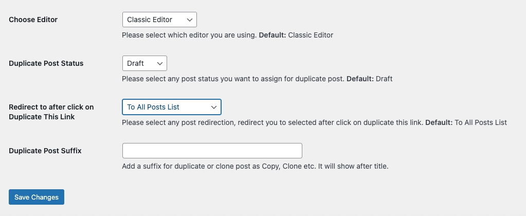 Duplicate Page Plugin Settings