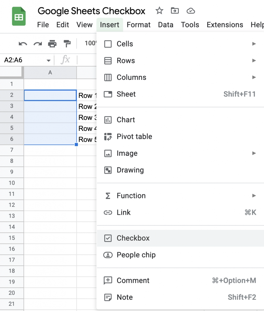 Google Sheets Insert Checbox