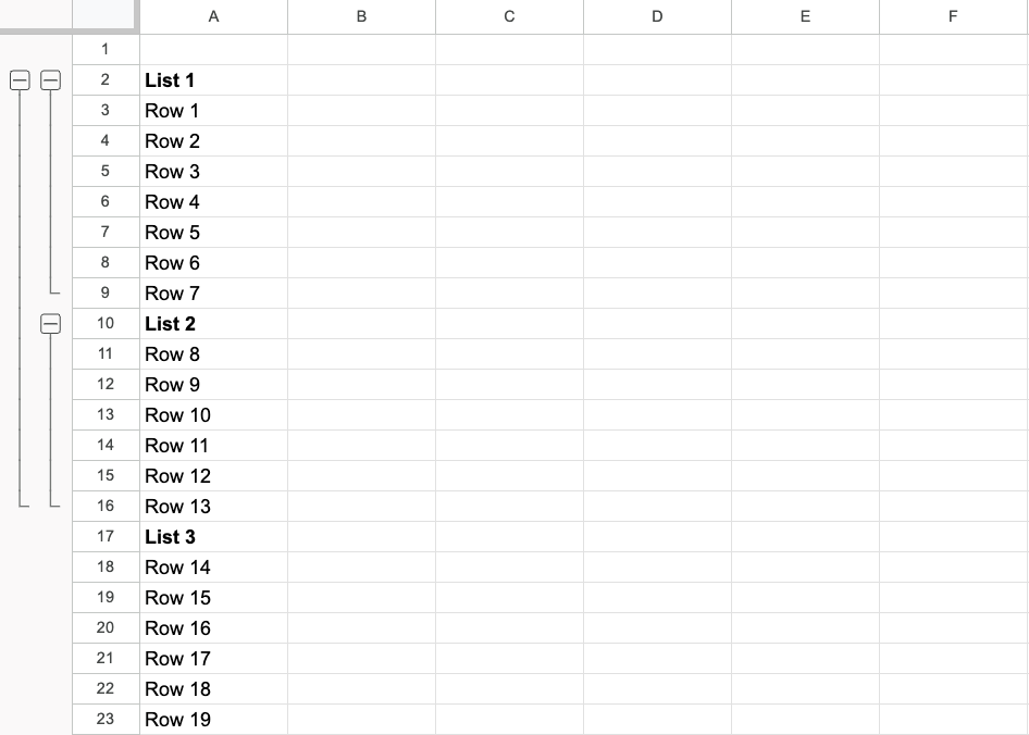 Google Sheets Çoklu İç İçe Satır Gruplama