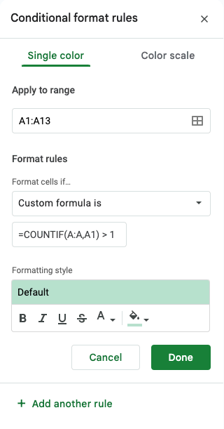 Google Sheets =COUNTIF Conditional Formatting