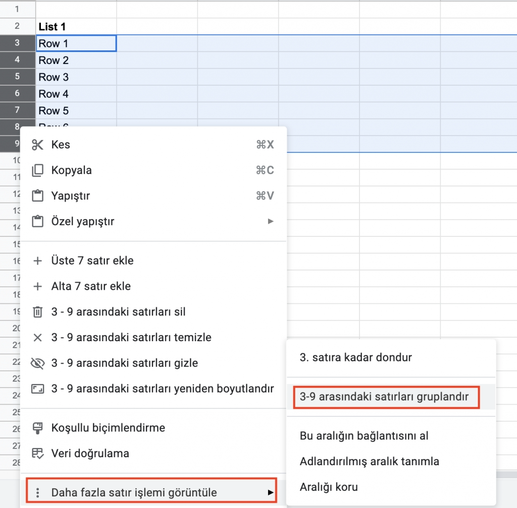 Google Sheets Satırları Grupla