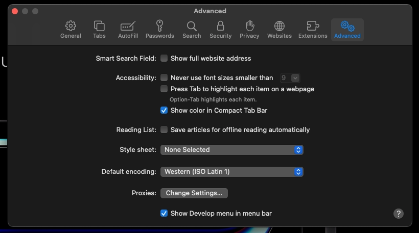 Safari Preferences Advanced