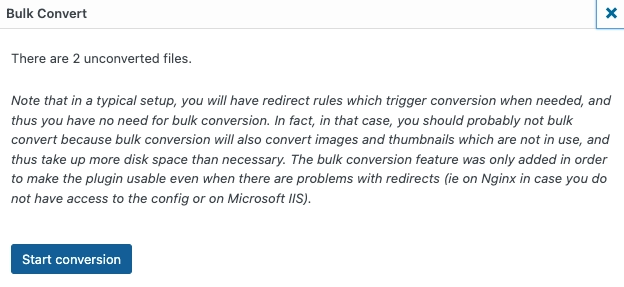 WebP Express Bulk Convert Start Conversation