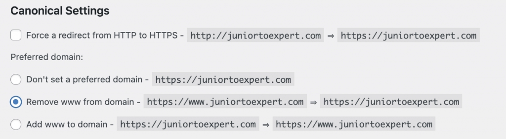 WordPress Redirection www to non www