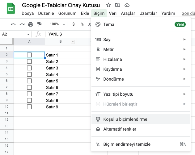 Google E Tablolar Koşullu Biçimlendirme